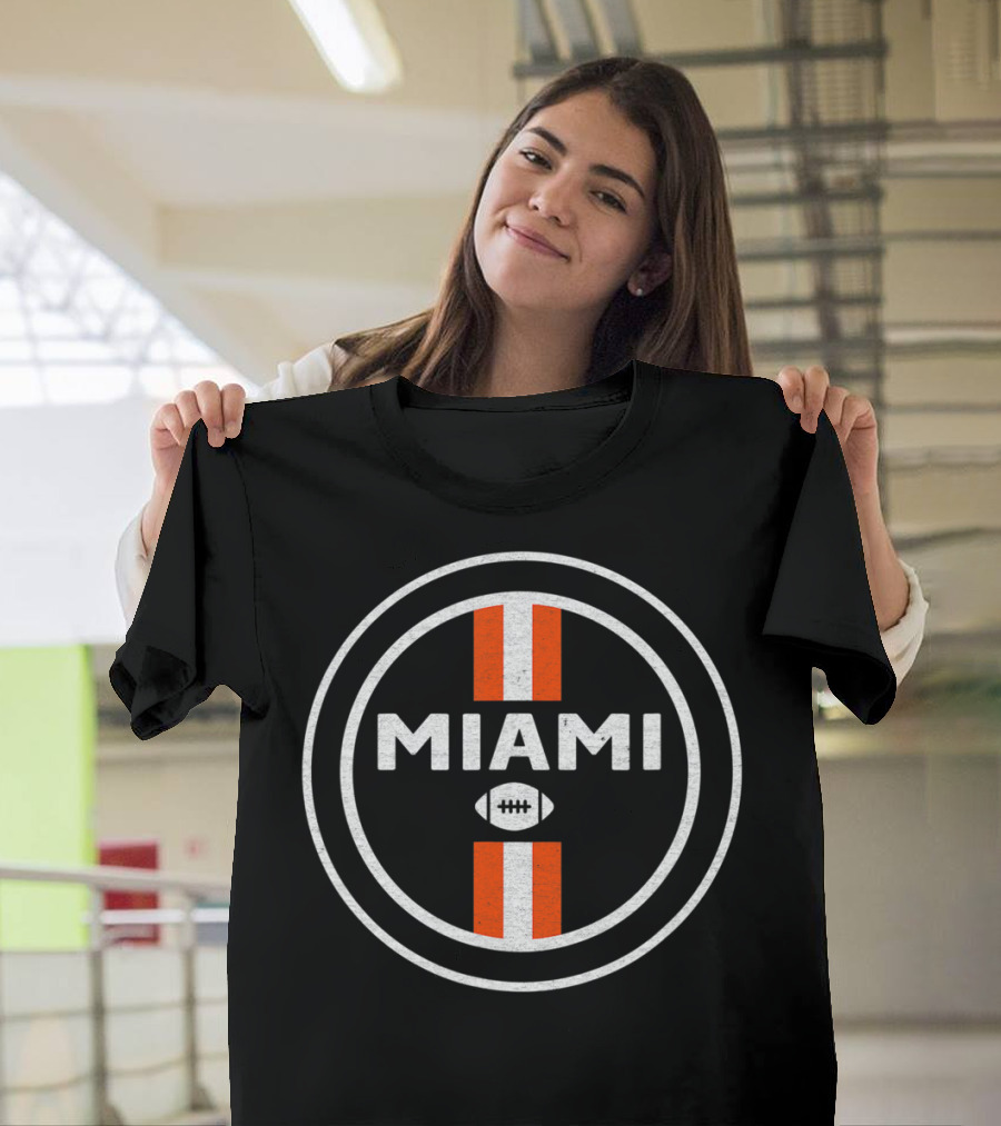 Miami Football Badge Retro Style Icon with Orange Stripes and Football T-Shirt