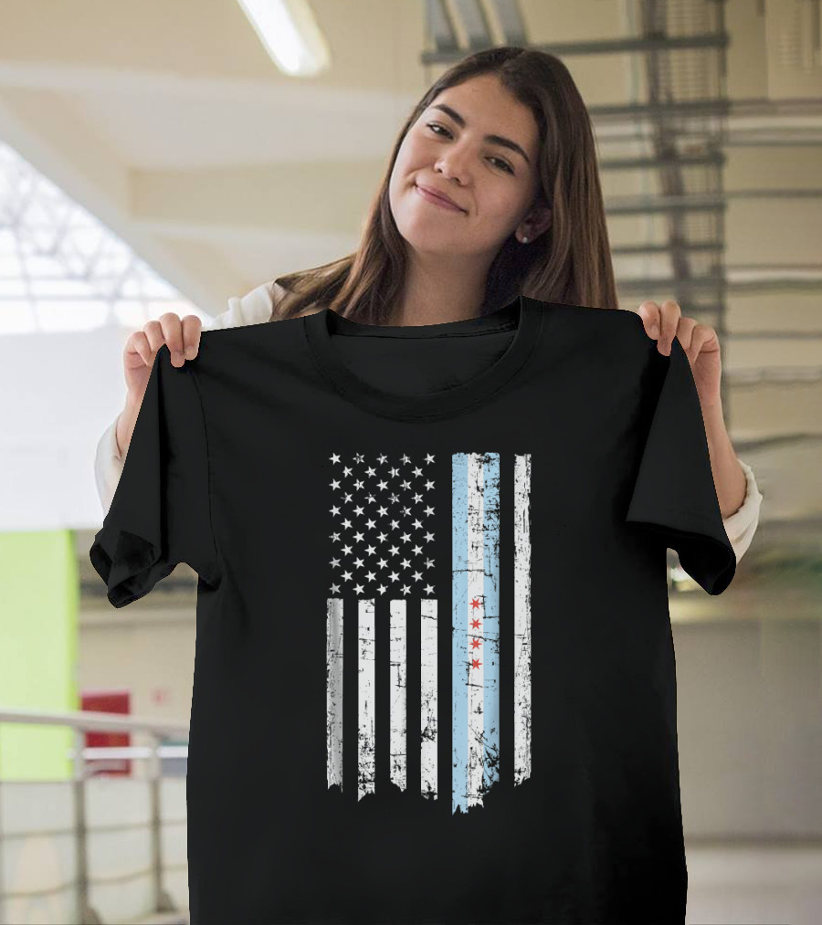 Chicago Thin Blue Line American Flag with Distressed Texture T-Shirt