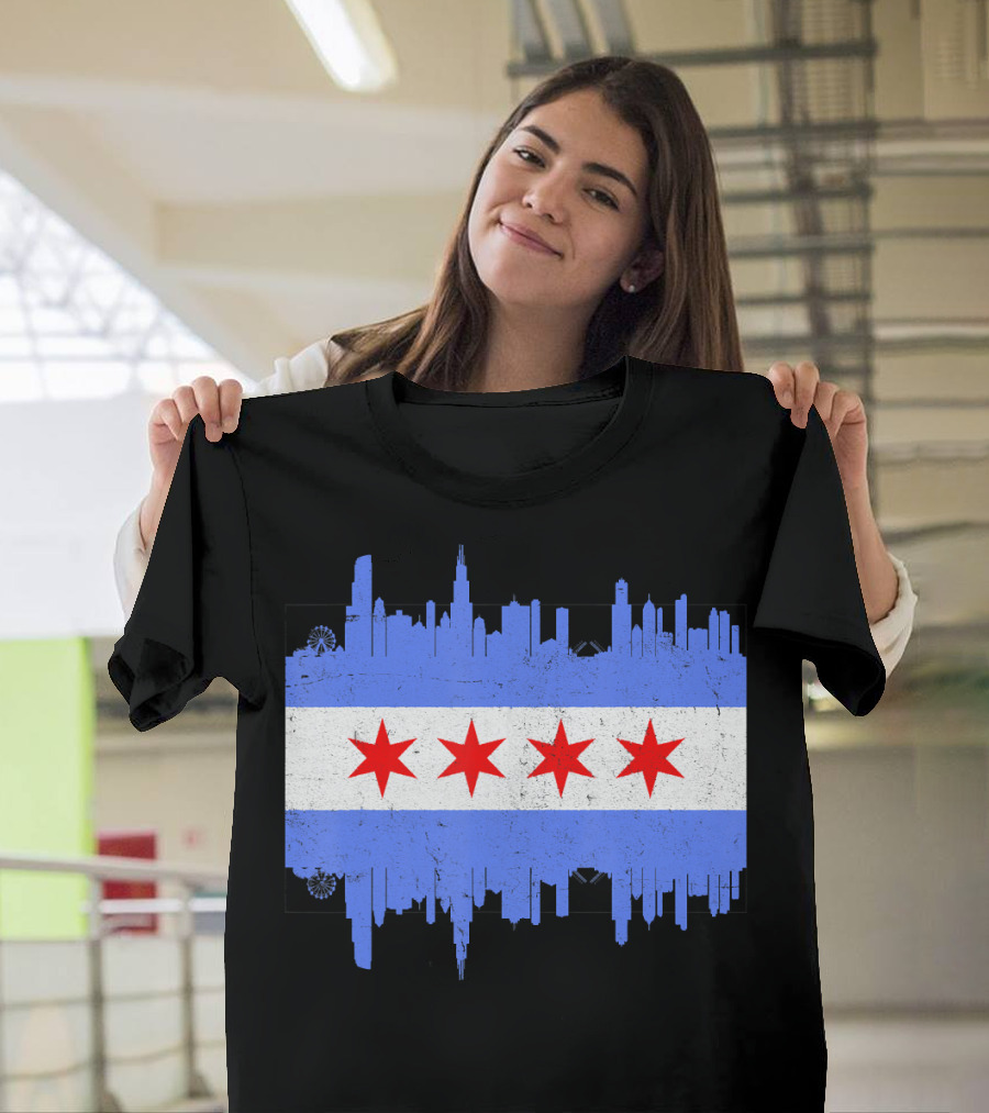 Chicago City Flag Skyline Vintage T-Shirt