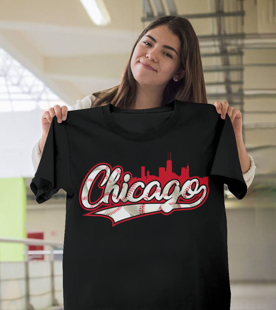 Chicago Vintage Baseball Skyline with Ballprint T-Shirt
