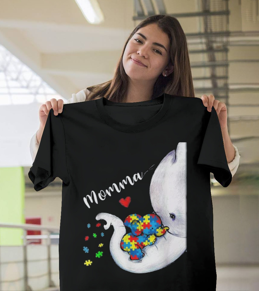 Momma Elephant Autism Awareness Puzzle Heart T-Shirt