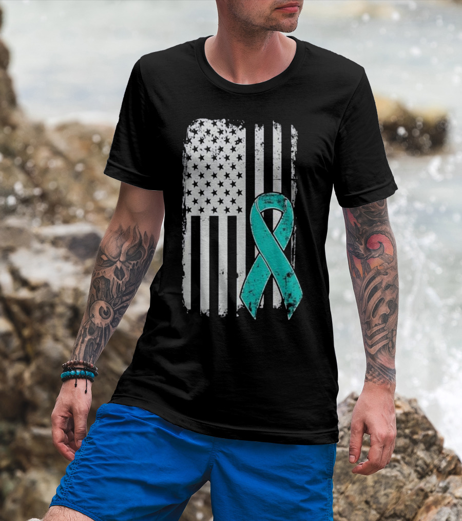 PTSD Awareness American Flag Teal Ribbon Military Support T-Shirt