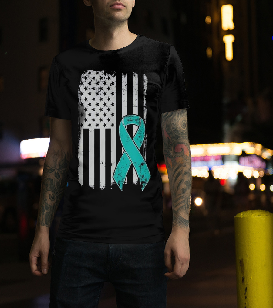 PTSD Awareness American Flag Teal Ribbon Military Support T-Shirt