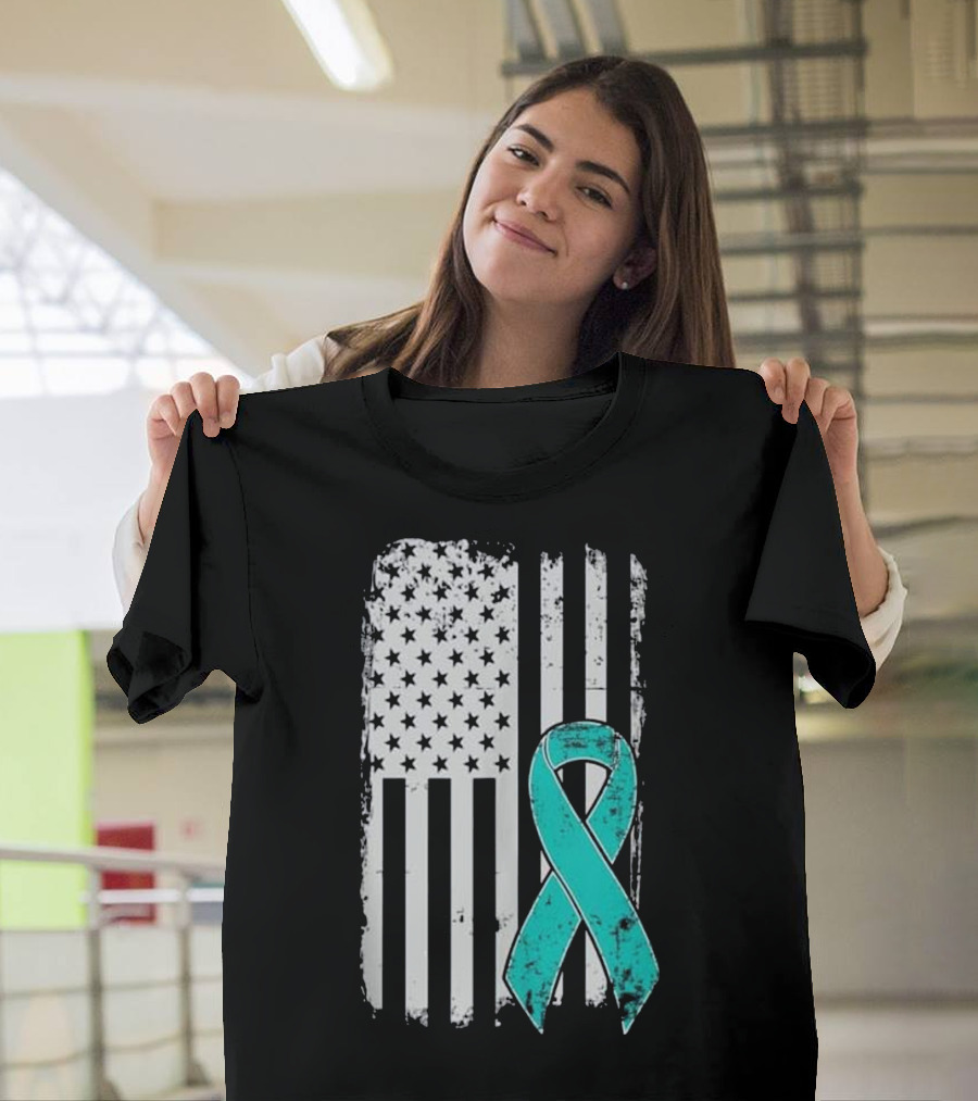 PTSD Awareness American Flag Teal Ribbon Military Support T-Shirt