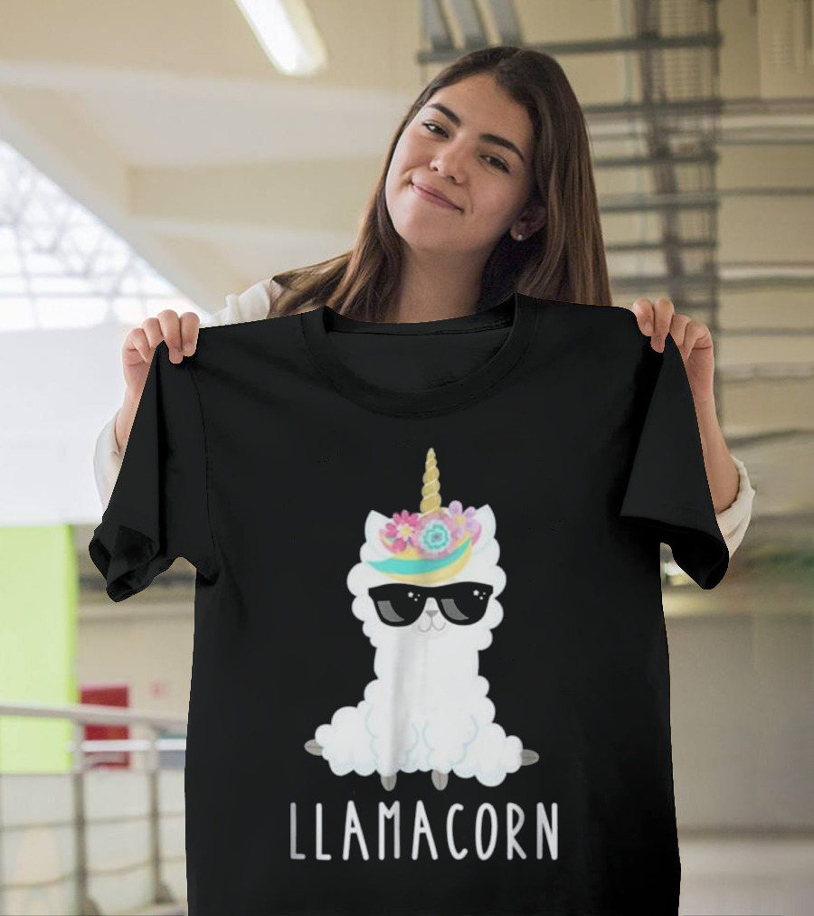 Llamacorn Girls Llama Unicorn Sunglasses Flower Crown Fashion T-Shirt