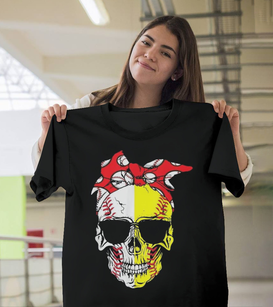 Skull with Red Bow and Softball Baseball T-Shirt