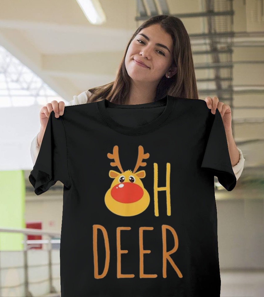 Oh Deer Rudolph The Reindeer Face With Antlers and Red Nose T-Shirt
