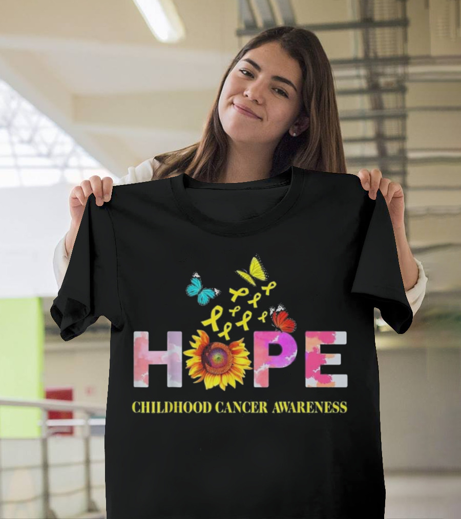 HOPE Sunflower Butterfly Childhood Cancer Awareness Yellow Ribbons T-Shirt