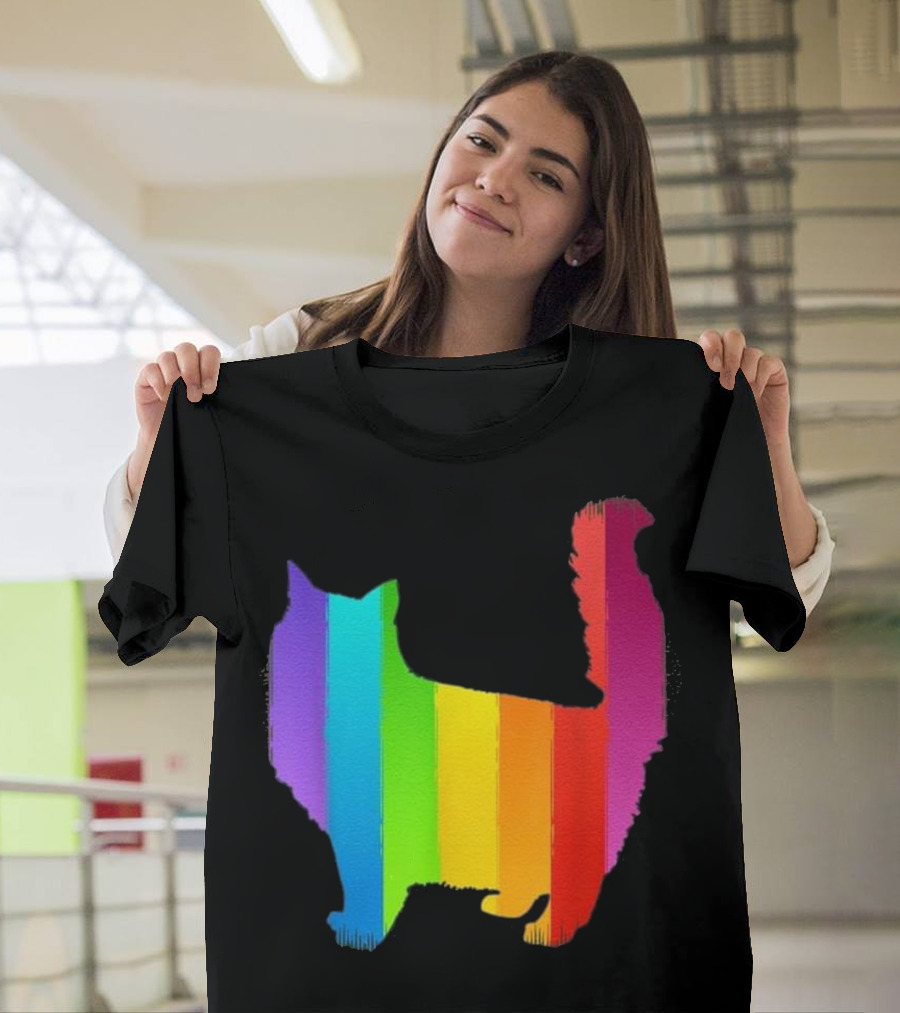 Fluffy Rainbow Cat Silhouette with Vibrant Colors T-Shirt
