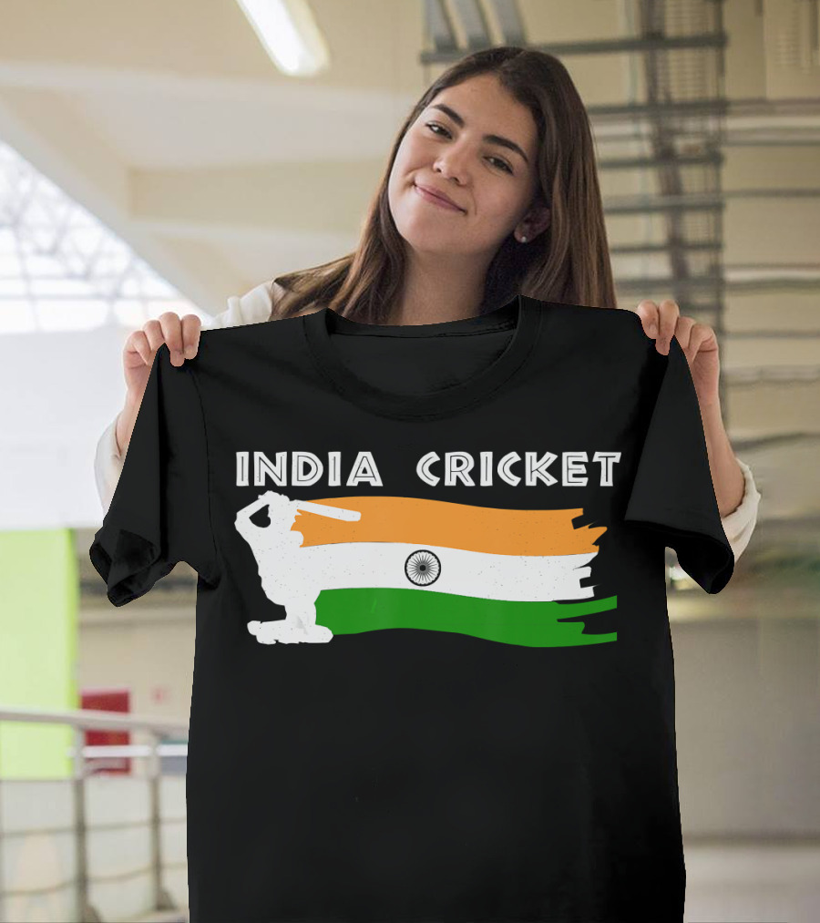 India Cricket With Tricolor Batter Flag T-Shirt