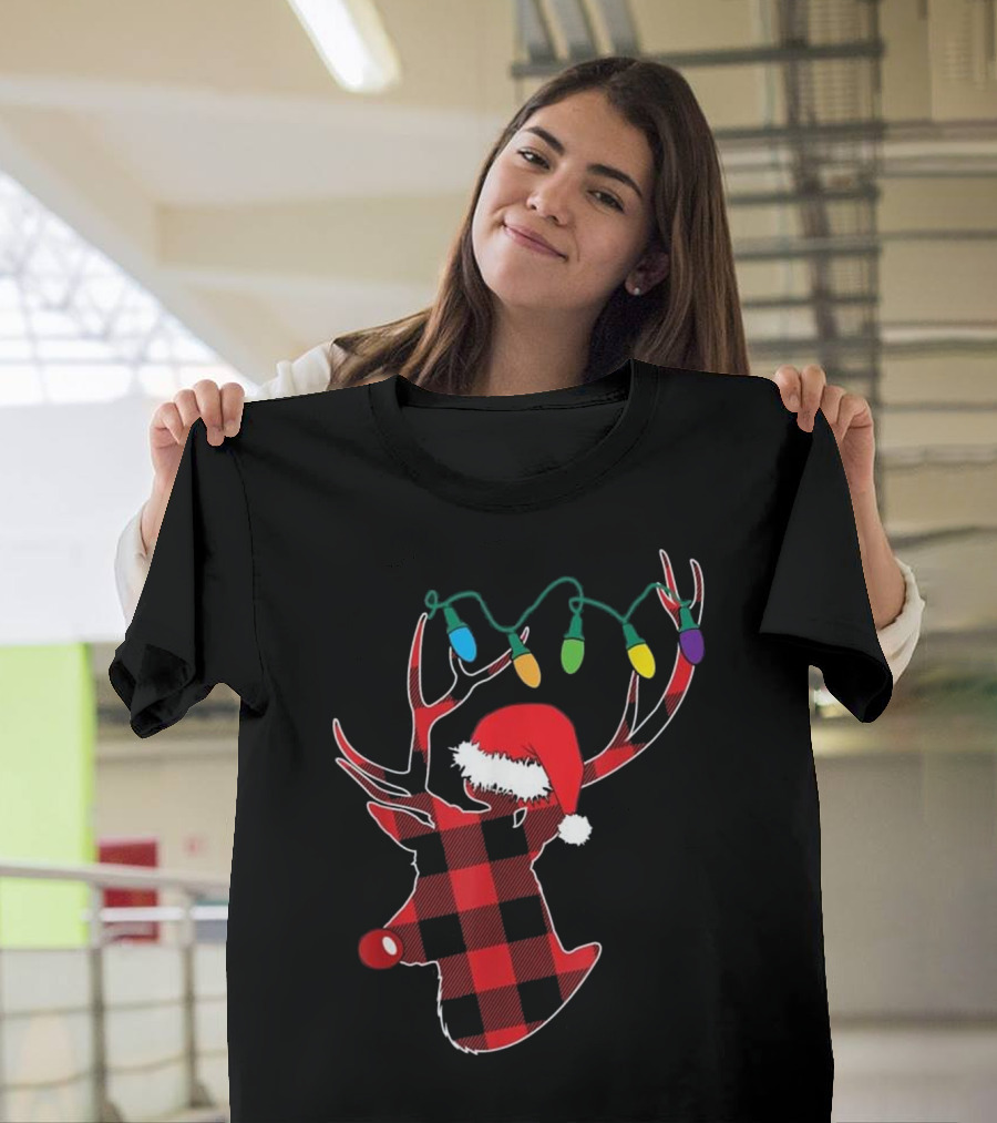 Christmas Deer Buffalo Plaid Santa Hat Lights T-Shirt
