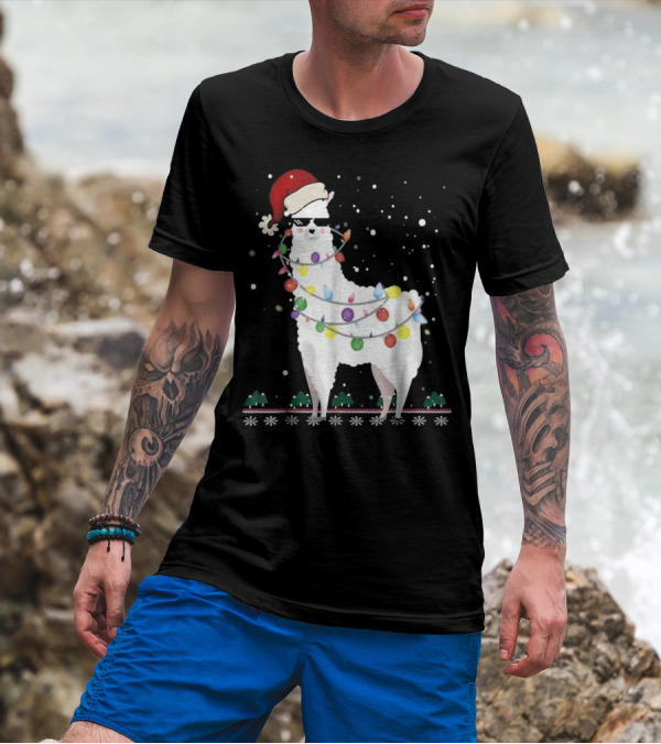 Christmas Llama Santa Hat Ugly Xmas Tree Lights Snowflakes T-Shirt
