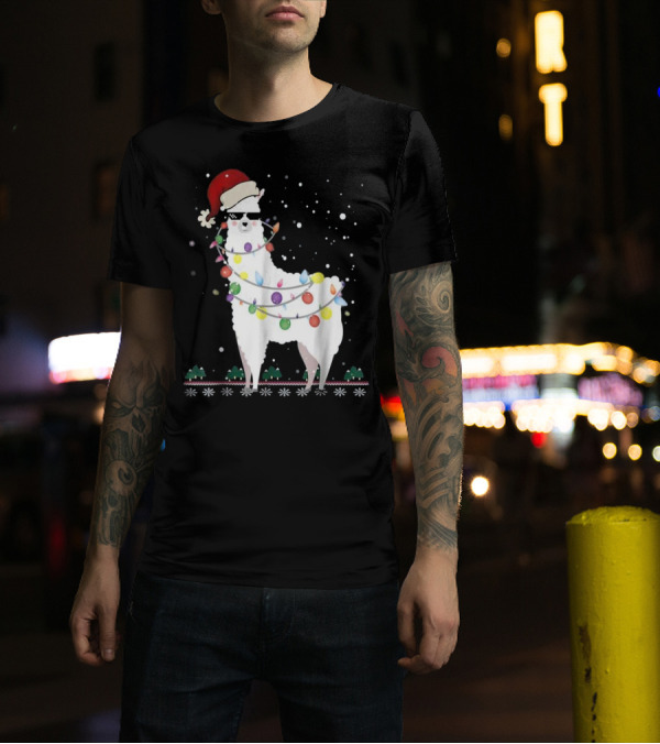 Christmas Llama Santa Hat Ugly Xmas Tree Lights Snowflakes T-Shirt
