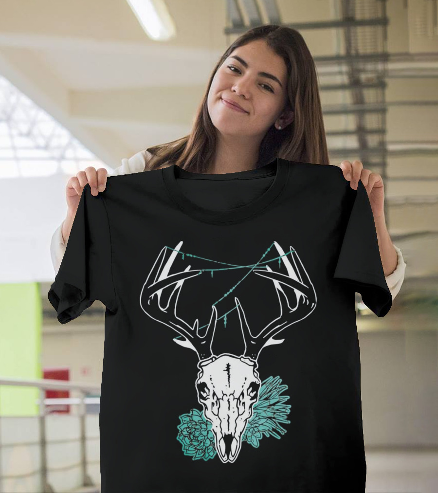 Deer Skull with Antlers and Green Succulents T-Shirt