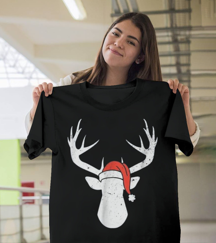 Deer With Santa Hat Christmas Antlers Holiday T-Shirt
