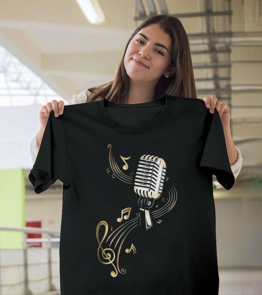Vintage Microphone with Golden Music Notes and Treble Clef T-Shirt