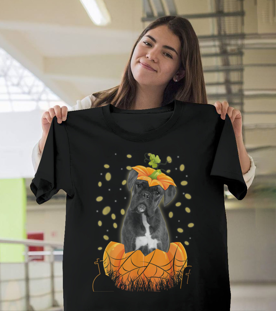 Halloween Boxer Dog Inside Pumpkin with Spider Web and Leaves T-Shirt
