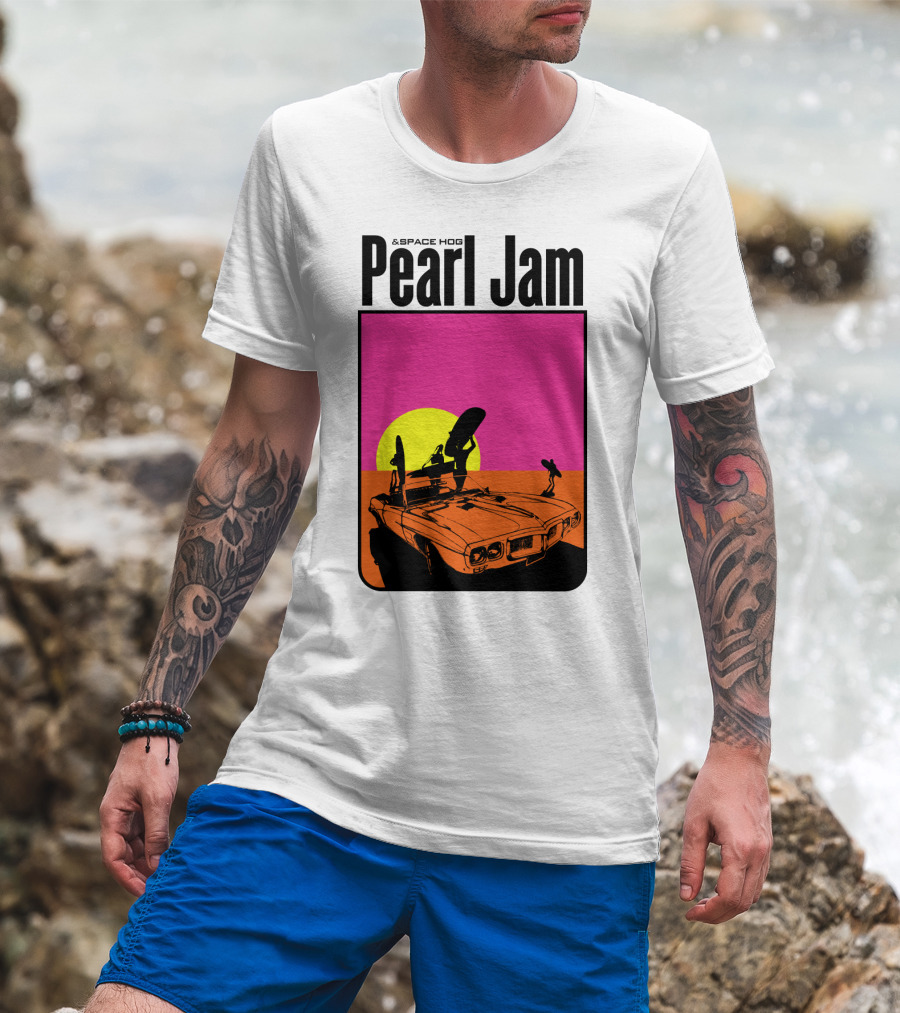Pearl Jam & Space Hog Surfing Graphic Car Sunset T-Shirt