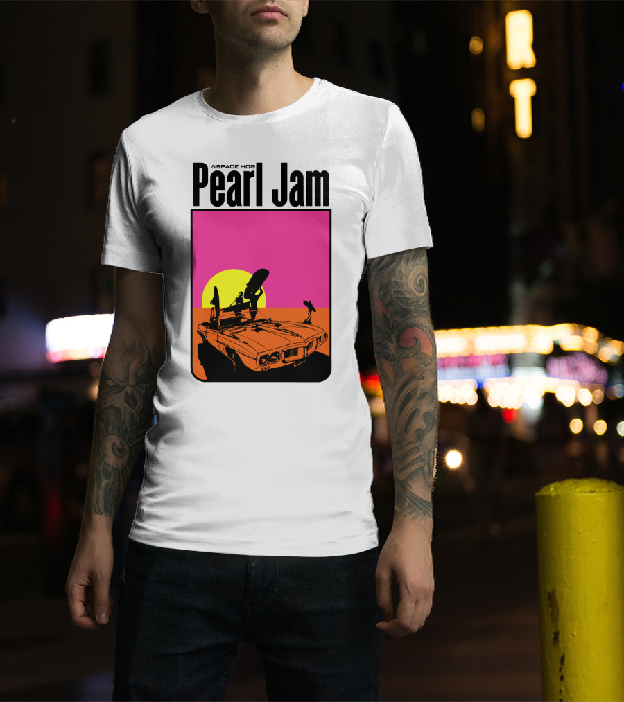 Pearl Jam & Space Hog Surfing Graphic Car Sunset T-Shirt