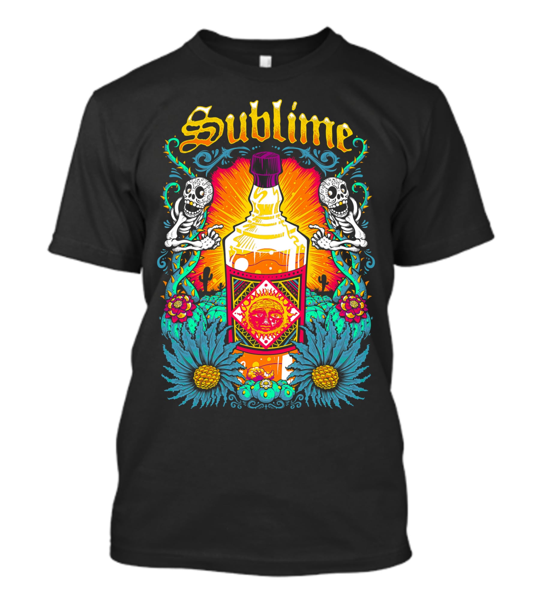 Sublime Tequila Bottle With Skeletons And Flowers T-Shirt