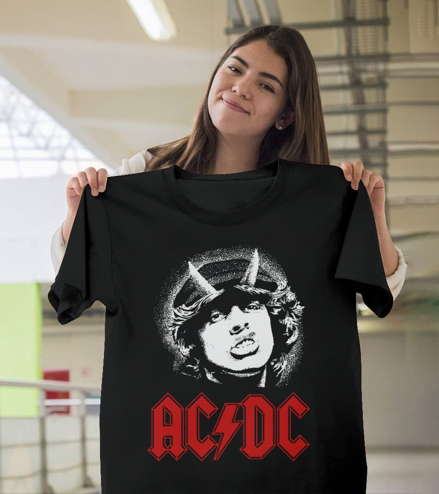 Acdc Rock Band Portrait With Red Logo And Horns T-Shirt