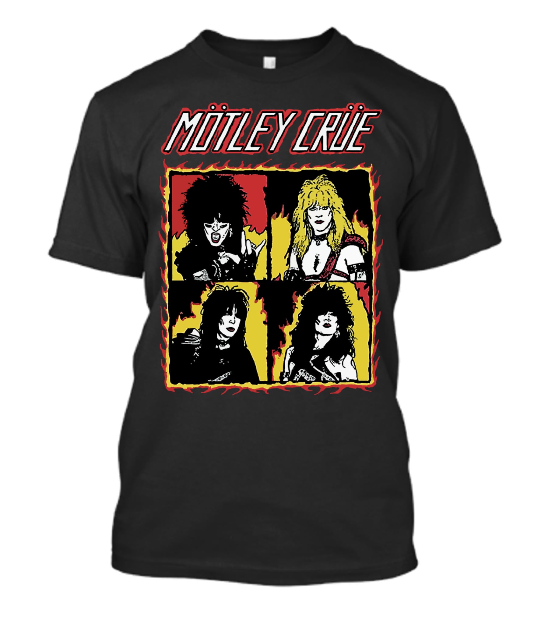 Mötley Crüe Cartoon Band Members Fire Border T-Shirt