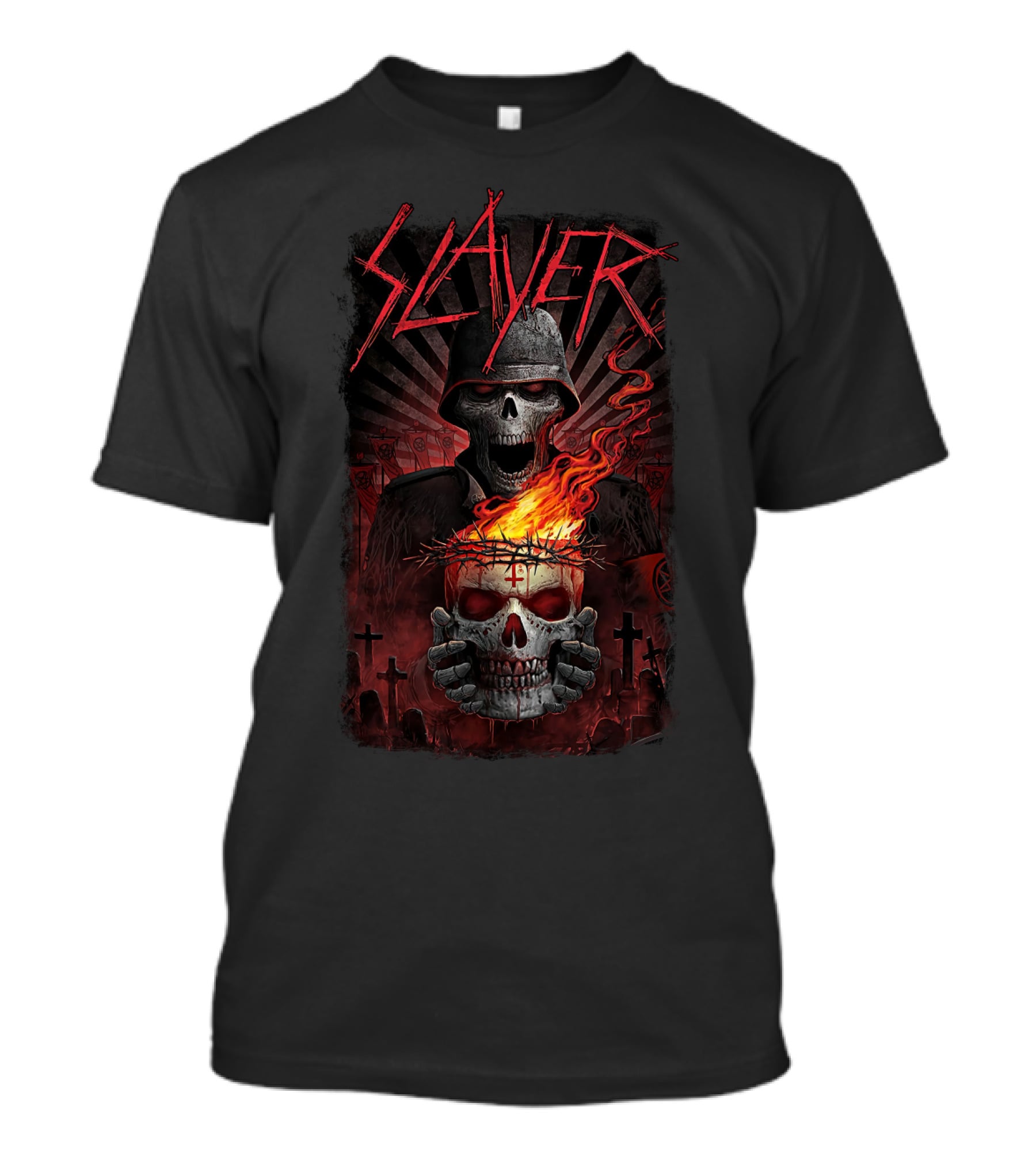 Slayer Skull Soldier With Fiery Crown And Crosses T-Shirt