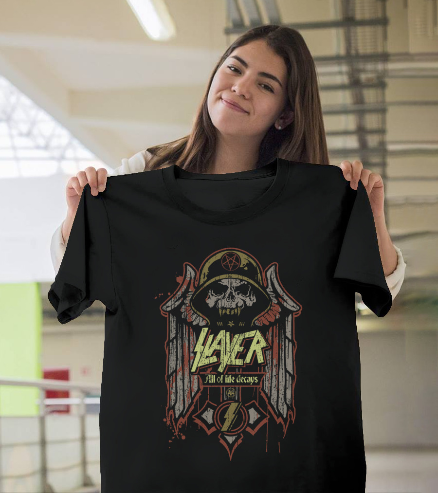 Slayer All Of Life Decays Skull Helmet Wings Lightning Bolt T-Shirt