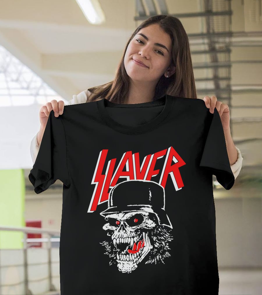 Slayer Skull With Helmet And Red Eyes T-Shirt