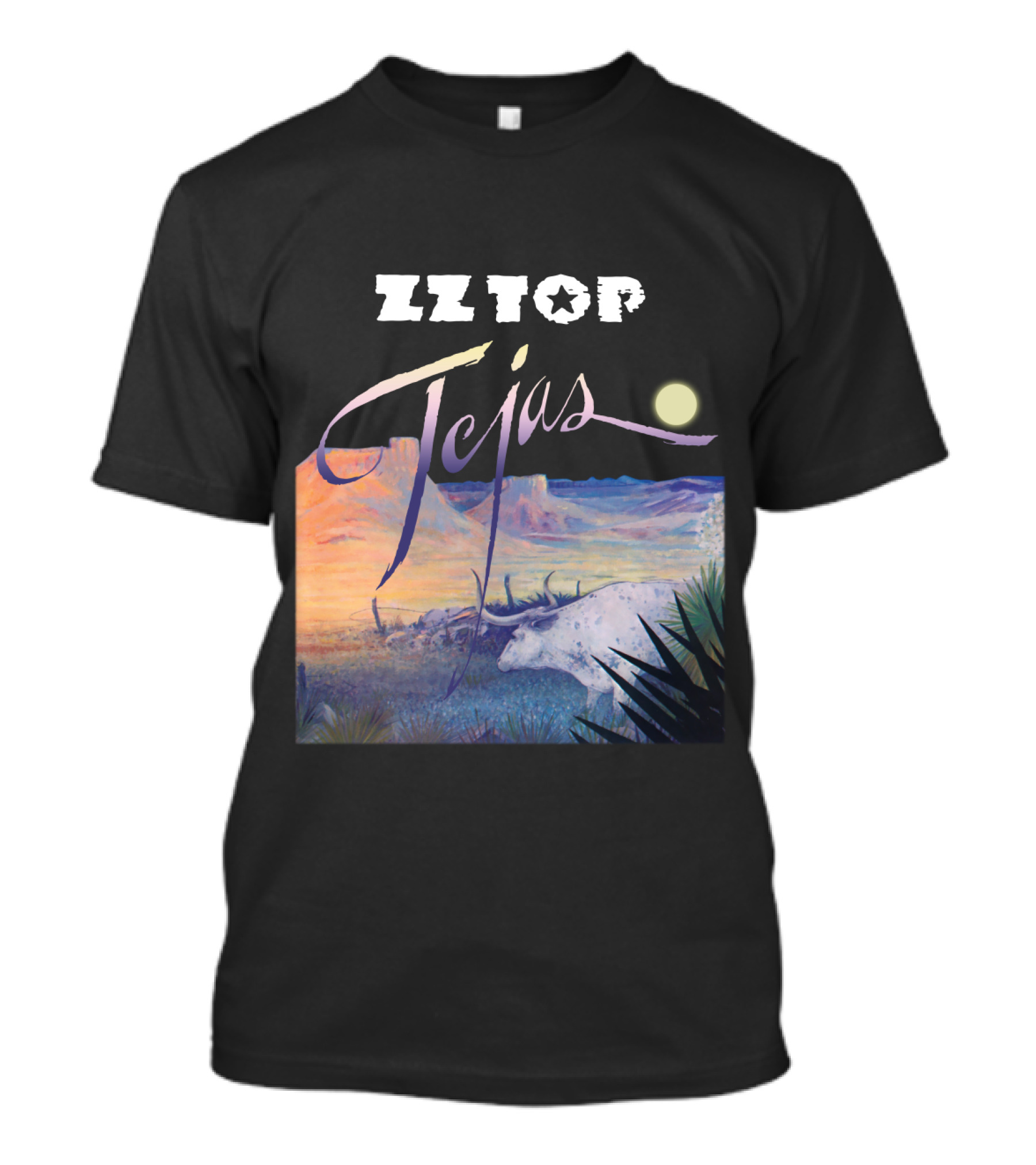 Zz Top Tejas Desert Scene With White Longhorn Under Moon T-Shirt