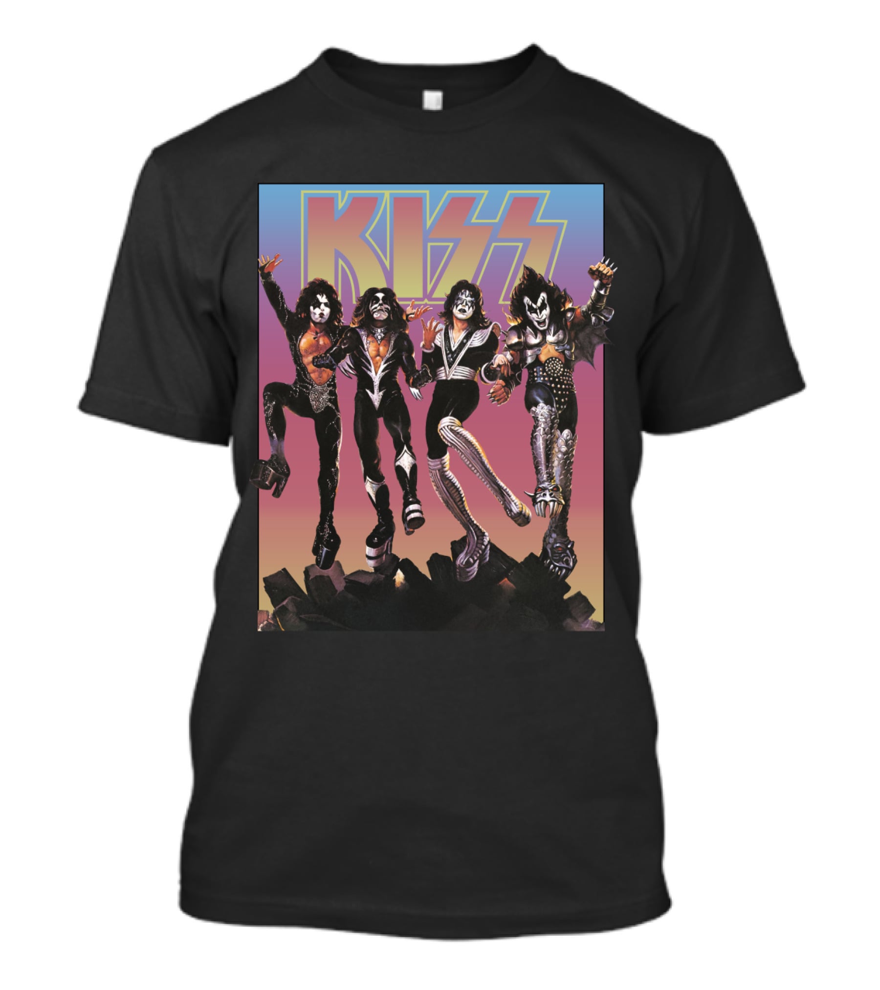 Kiss Band Characters With Bold Logo And Colorful T-Shirt