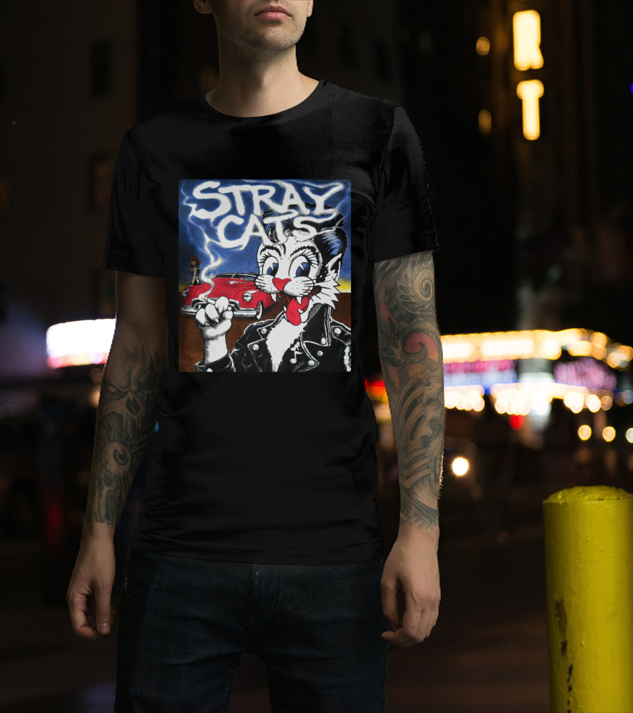 Stray Cats Rockabilly Band Retro Art With Cat Smoking In Leather Jacket T-Shirt