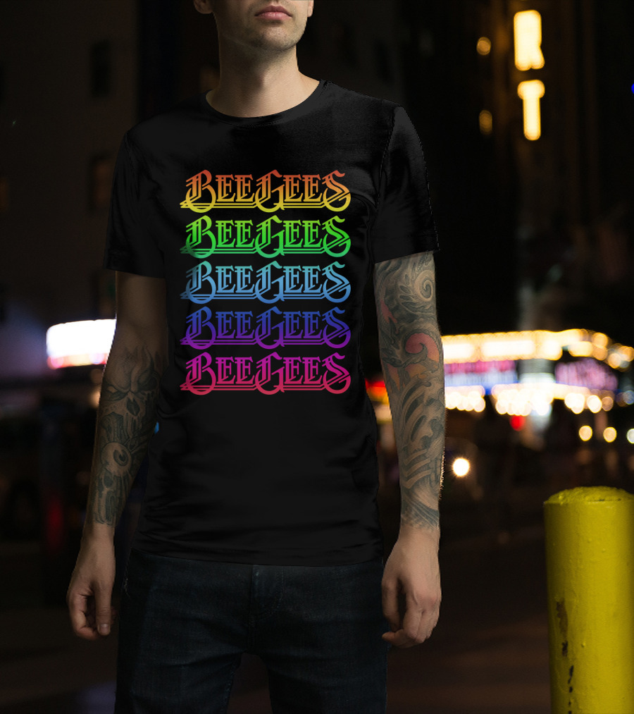 Bee Gees Rainbow Text Multi-Color Typography T-Shirt