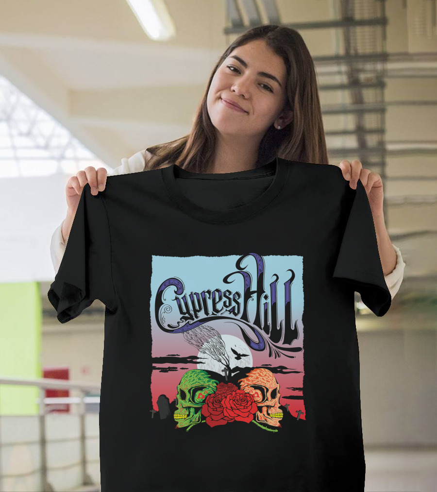 Cypress Hill Two Skulls And Roses With Moon And Raven T-Shirt