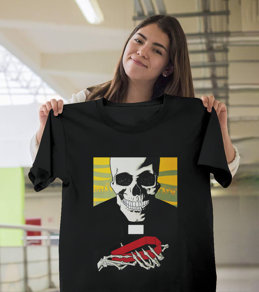 Bold Skeleton With Red Coffin On Striped Yellow T-Shirt