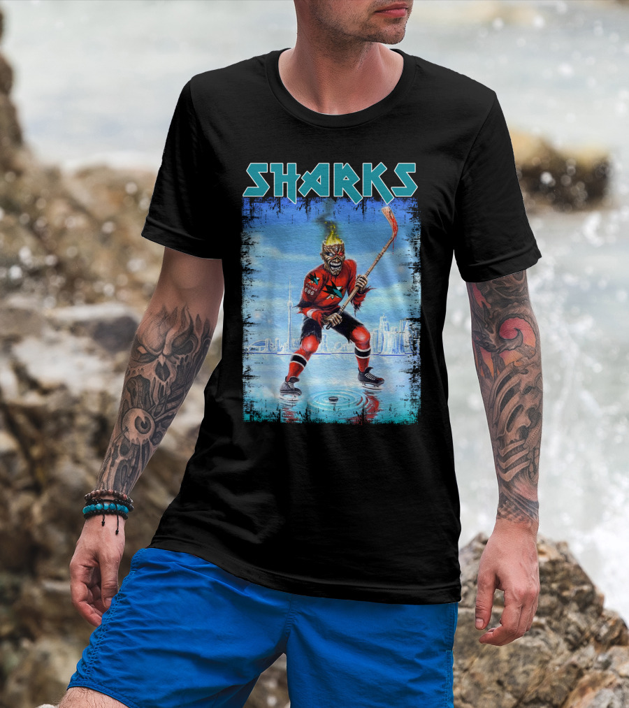 Sharks Hockey Fiery Skeleton Player On Ice T-Shirt