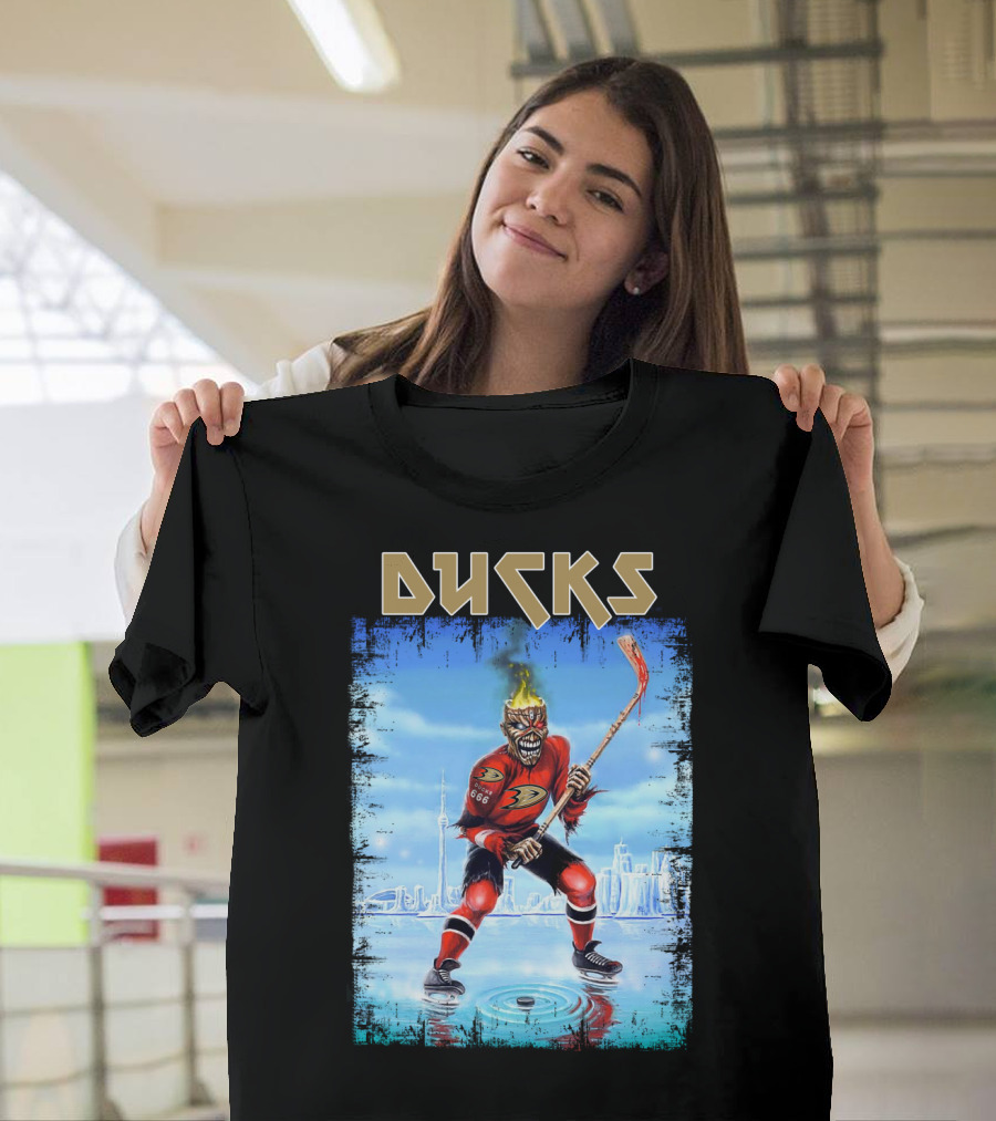 Ducks Hockey Player With Skeleton Face And Flaming Hair In Red Jersey T-Shirt
