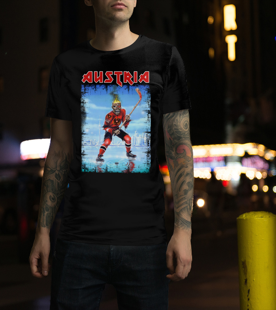Austria Hockey Skeleton With Red And Black Flames And Vienna Skyline T-Shirt