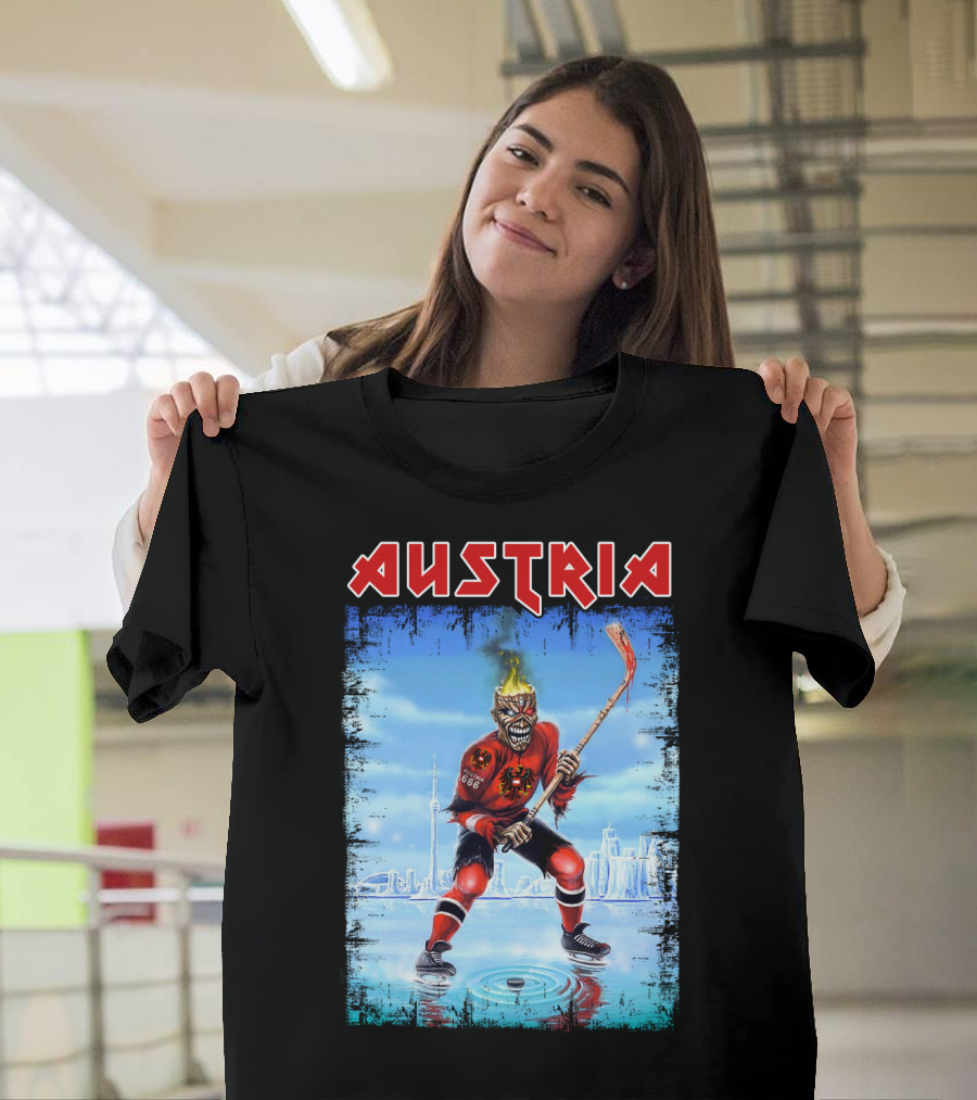 Austria Hockey Skeleton With Red And Black Flames And Vienna Skyline T-Shirt