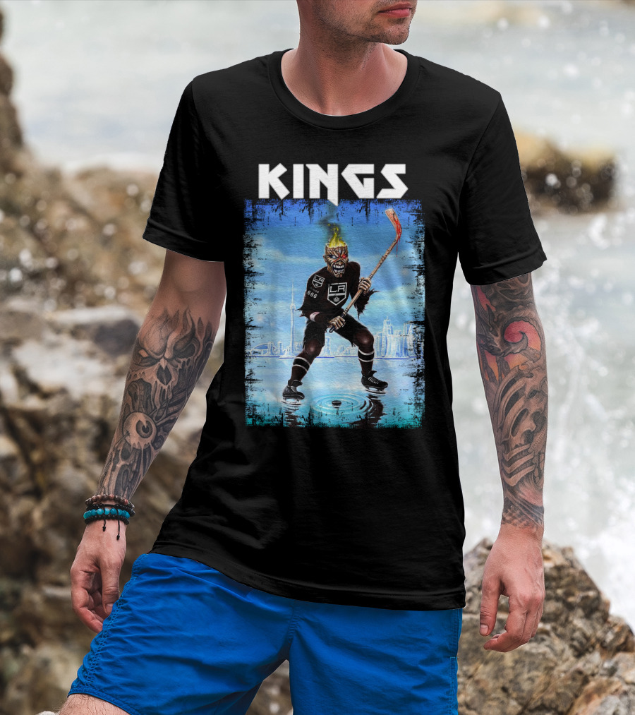 Kings Los Angeles Hockey Fiery Skull Player Ice Skating Scene T-Shirt