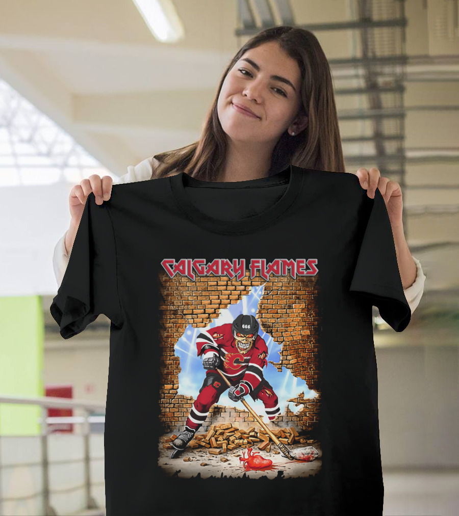 Calgary Flames Skeleton Hockey Player Breaking Through Wall T-Shirt