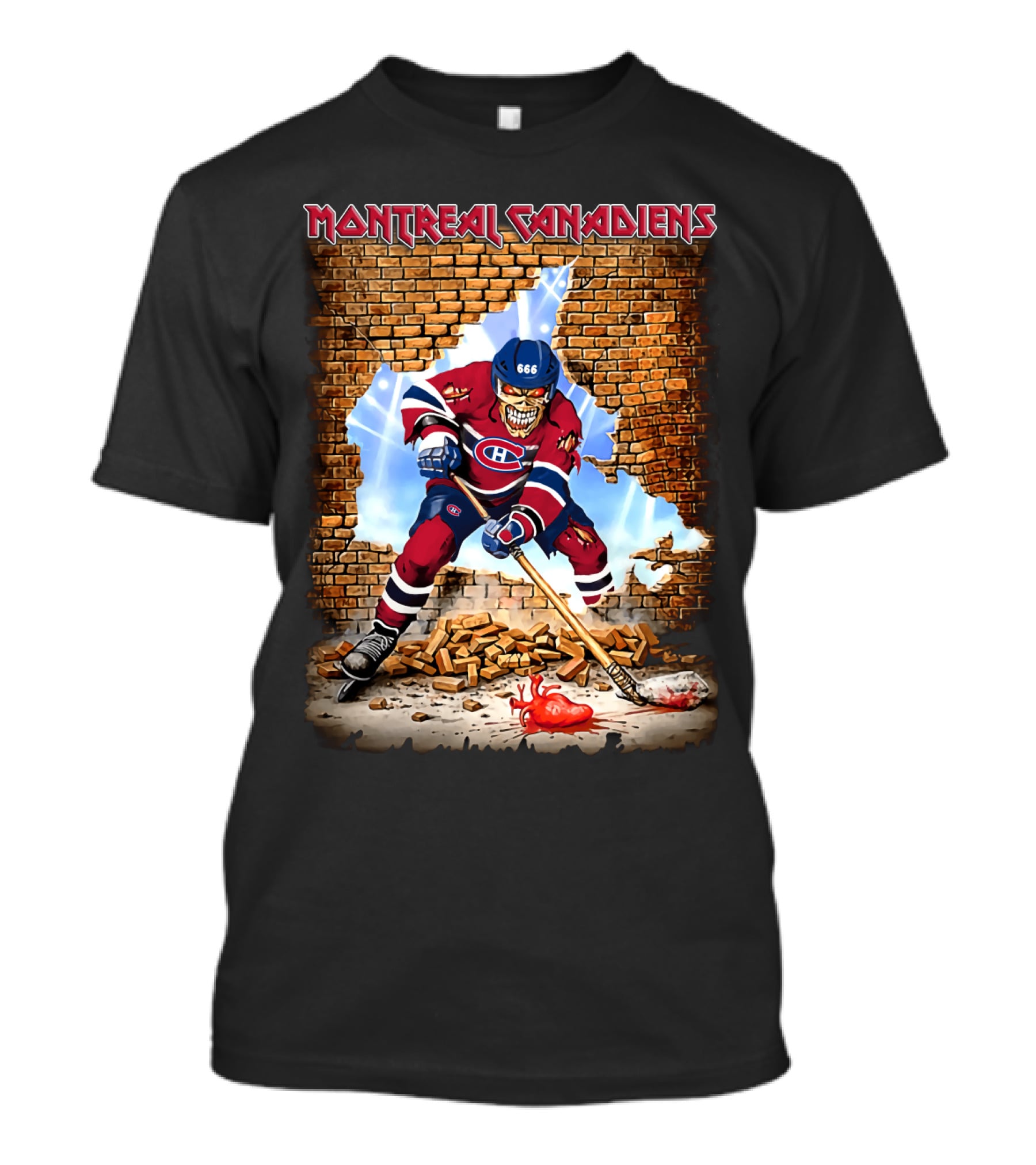 Montreal Canadiens Hockey Player Breaking Through Brick Wall With Heart And Skull Elements T-Shirt