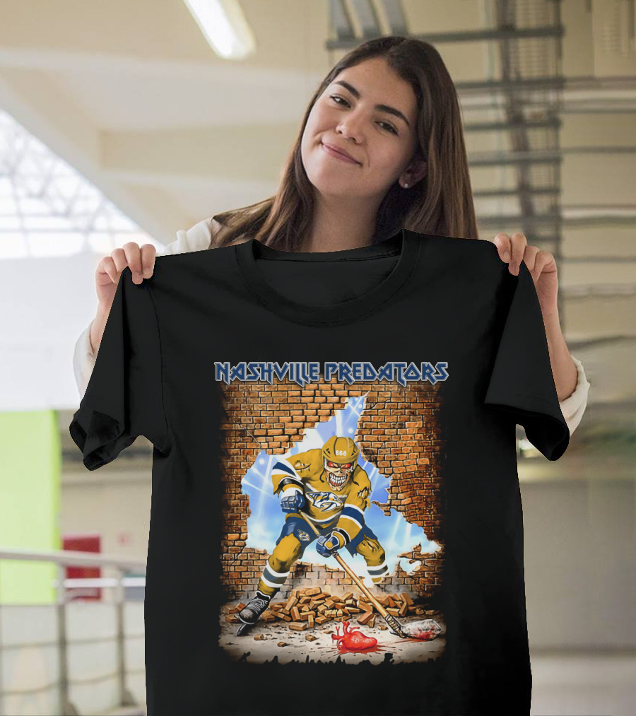 Nashville Predators Hockey Player Smashing Through Brick Wall With Heart And Lightning T-Shirt