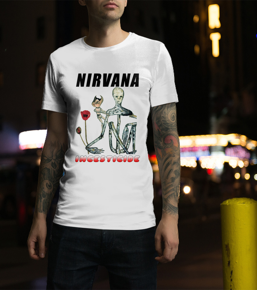 Nirvana Incesticide Album Cover Art With Surreal Skeleton Figure And Red Flowers T-Shirt