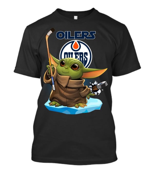 Oilers Baby Yoda Holding Hockey Stick And Puck On Ice T-Shirt