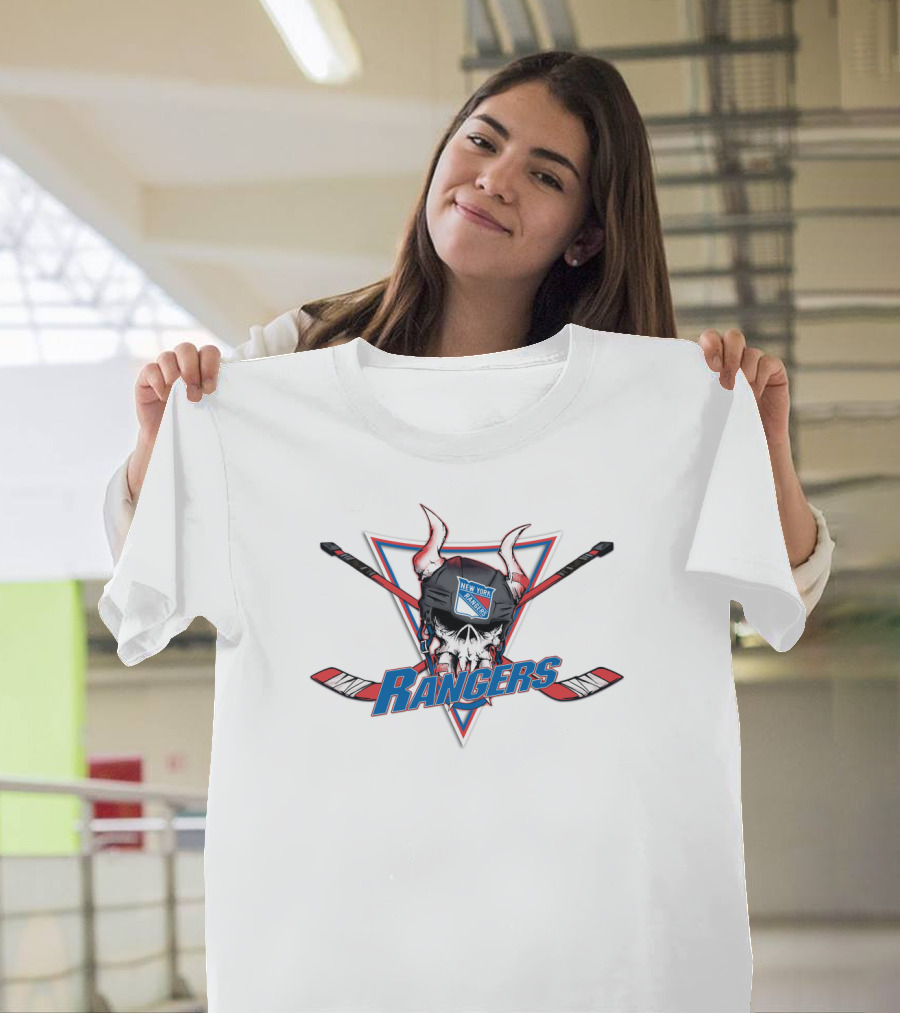 New York Rangers Skull Helmet Hockey Sticks Emblem T-Shirt