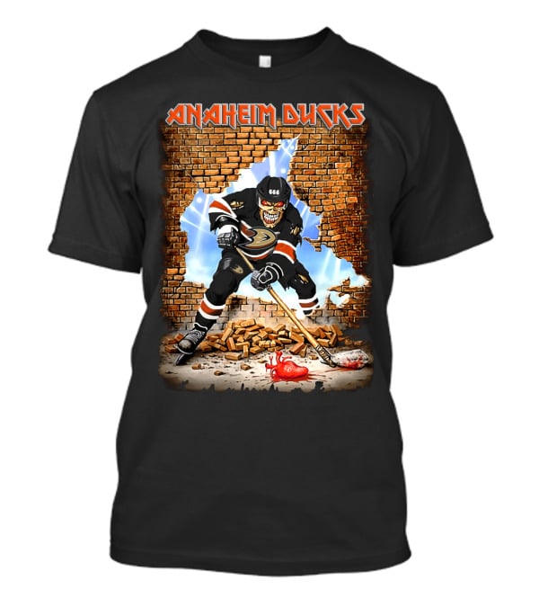 Anaheim Ducks Hockey Player Breaking Through Wall With Skeleton Face Jersey Number 666 T-Shirt