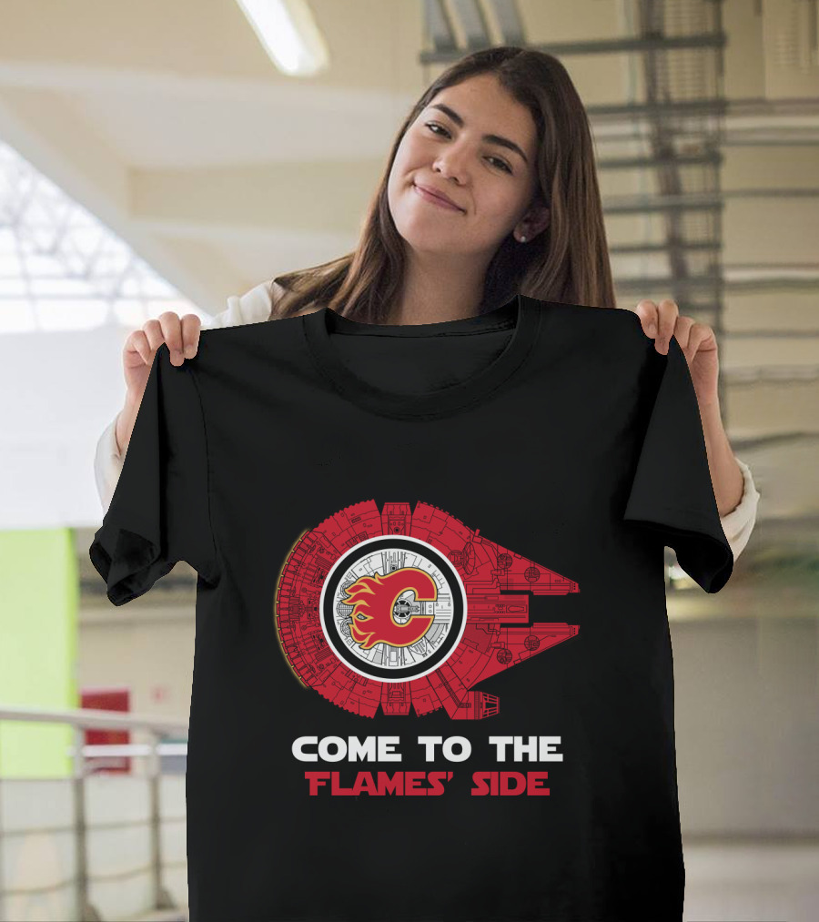 Come to the Flames' Side Calgary Flames Millennium Falcon T-Shirt