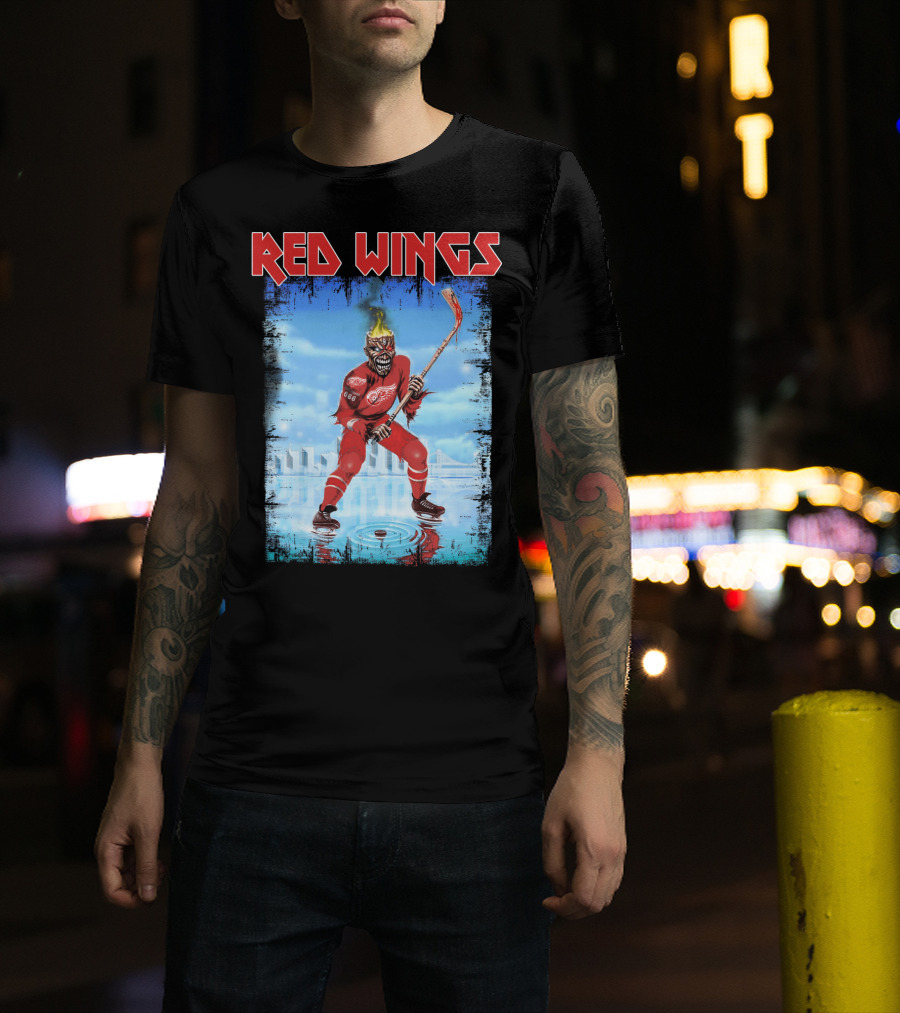 Red Wings Flaming Demon Hockey Player On Ice With Detroit Cityscape T-Shirt