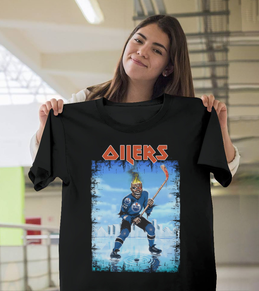 Oilers Edmonton Hockey Player With Fiery Skull And Hockey Stick T-Shirt